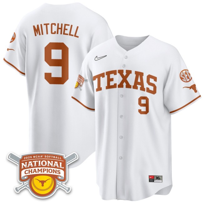 Men's Texas Longhorns #9 Joley Mitchell White 2025 NCAA Softball National Champions Limited Stitched Jersey