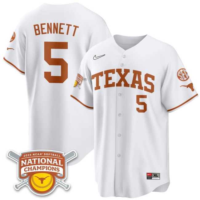 Men's Texas Longhorns #5 Kaydee Bennett White 2025 NCAA Softball National Champions Limited Stitched Jersey