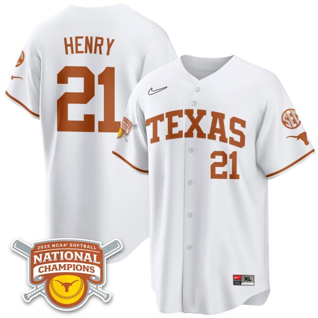 Men's Texas Longhorns #21 Kayden Henry White 2025 NCAA Softball National Champions Limited Stitched Jersey