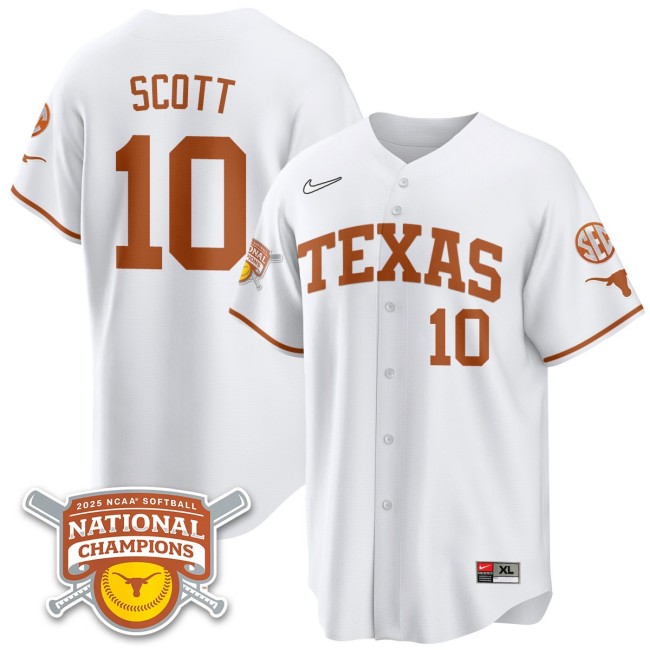 Men's Texas Longhorns #10 Mia Scott White 2025 NCAA Softball National Champions Limited Stitched Jersey
