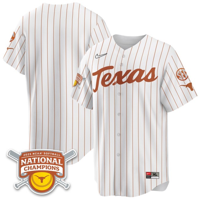 Men's Texas Longhorns Blank White Pinstripe 2025 NCAA Softball National Champions Limited Stitched Jersey