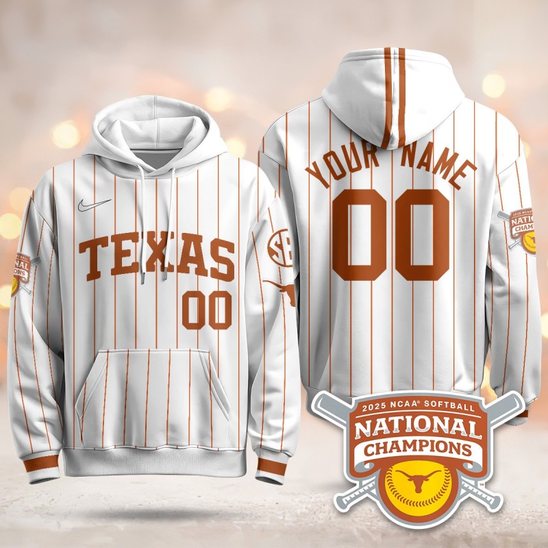 Texas Longhorns White Pinstripe 2025 NCAA Softball Women's College World Series Champions Custom Hoodie - All Stitched