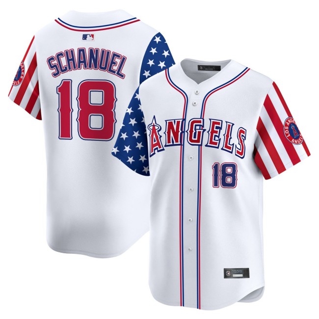 Men's Los Angeles Angels #18 Nolan Schanuel White 2025 Independence Day Limited Jersey - All Stitched
