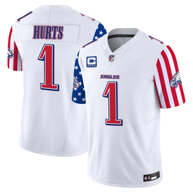 Men's Philadelphia Eagles #1 Jalen Hurts White 2025 Independence Day C Patch F.U.S.E. Vapor Limited Jersey - All Stitched