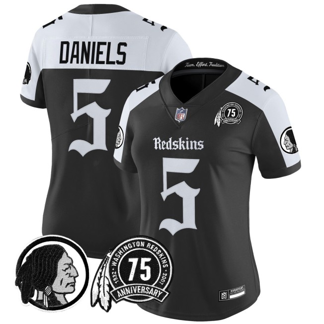 Women's Washington Redskins #5 Jayden Daniels Black White 'Gothic Capital Edition' Vapor Limited Stitched Jersey