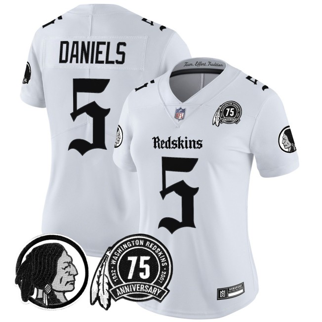 Women's Washington Redskins #5 Jayden Daniels White 'Gothic Capital Edition' Vapor Limited Stitched Jersey
