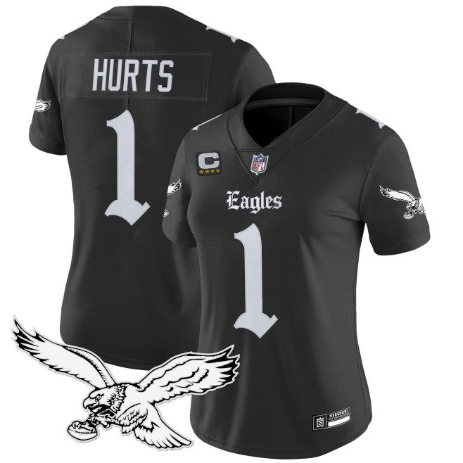 Women's Philadelphia Eagles #1 Jalen Hurts Black 'Gothic Philly Edition' 4-star C Patch Vapor Limited Stitched Jersey