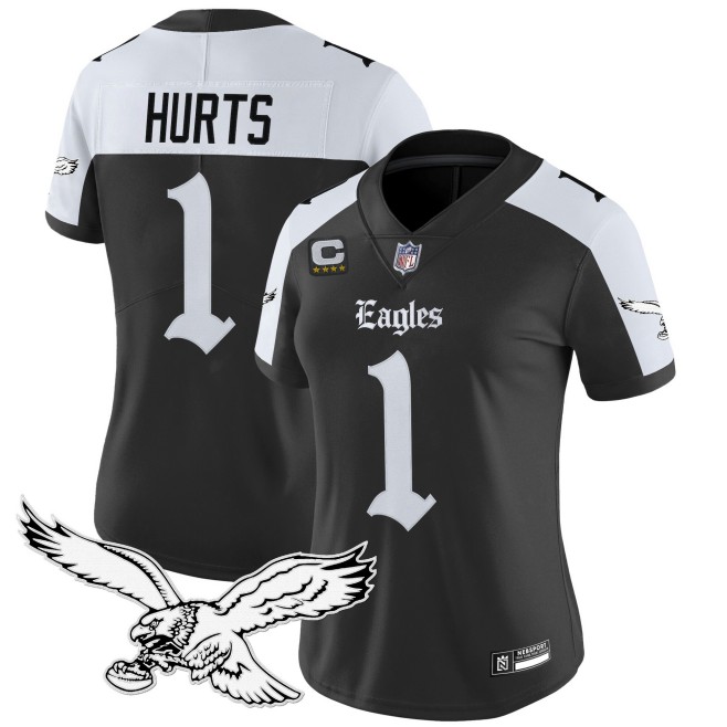 Women's Philadelphia Eagles #1 Jalen Hurts Black White 'Gothic Philly Edition' 4-star C Patch Vapor Limited Stitched Jersey