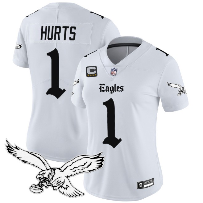 Women's Philadelphia Eagles #1 Jalen Hurts White 'Gothic Philly Edition' 4-star C Patch Vapor Limited Stitched Jersey