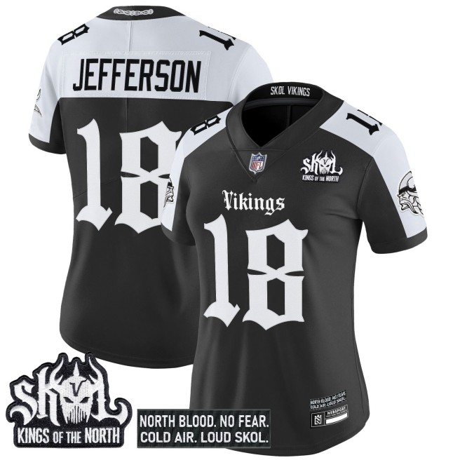 Women's Minnesota Vikings #18 Justin Jefferson Black White 'Gothic Norseblood Edition' Vapor Limited Stitched Jersey