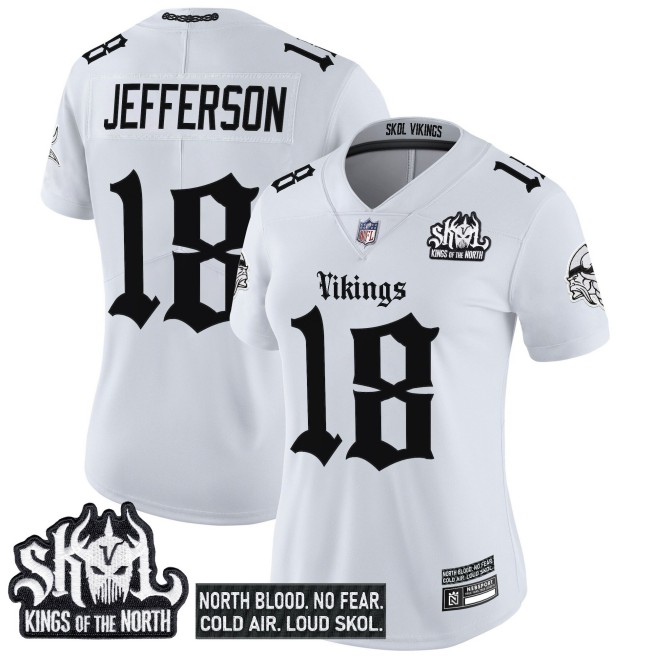 Women's Minnesota Vikings #18 Justin Jefferson White 'Gothic Norseblood Edition' Vapor Limited Stitched Jersey
