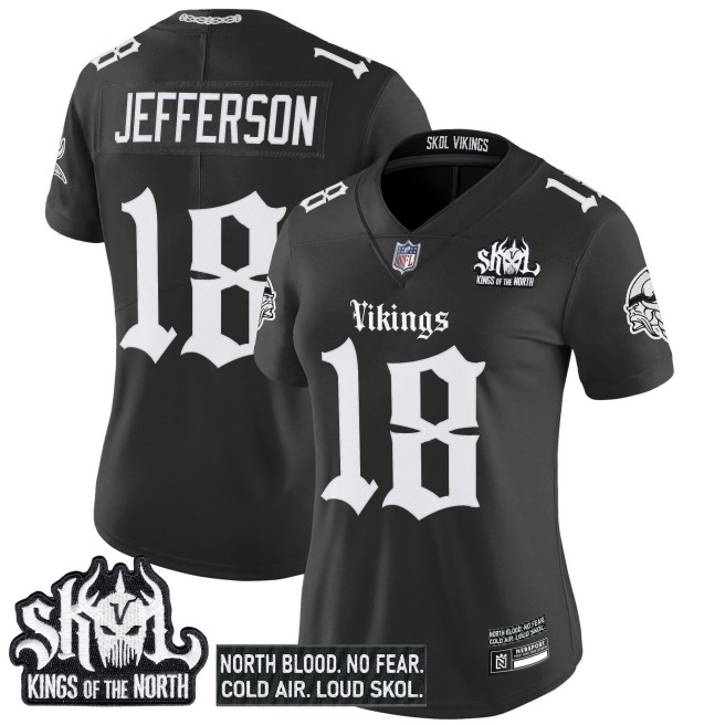 Women's Minnesota Vikings #18 Justin Jefferson Black 'Gothic Norseblood Edition' Vapor Limited Stitched Jersey