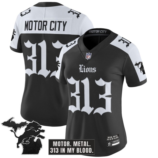Women's Detroit Lions #313 Motor City Black White 'Gothic Motor Grit Edition' Vapor Limited Stitched Jersey