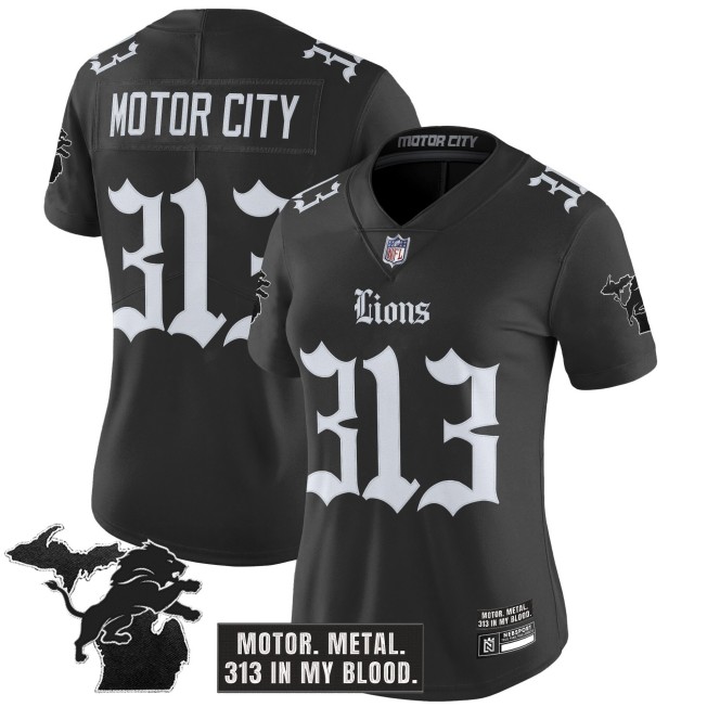 Women's Detroit Lions #313 Motor City Black 'Gothic Motor Grit Edition' Vapor Limited Stitched Jersey