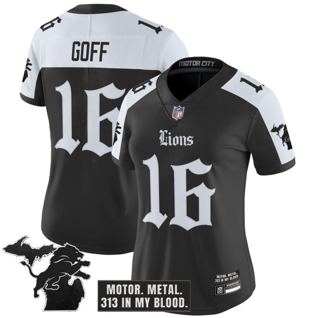 Women's Detroit Lions #16 Jared Goff Black White 'Gothic Motor Grit Edition' Vapor Limited Stitched Jersey