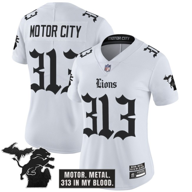 Women's Detroit Lions #313 Motor City White 'Gothic Motor Grit Edition' Vapor Limited Stitched Jersey