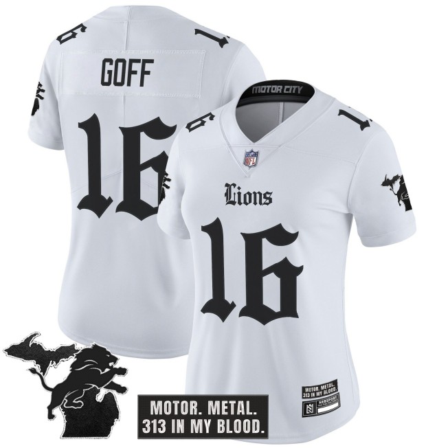 Women's Detroit Lions #16 Jared Goff White 'Gothic Motor Grit Edition' Vapor Limited Stitched Jersey
