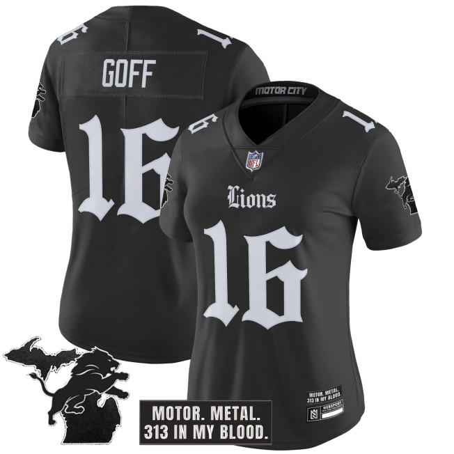Women's Detroit Lions #16 Jared Goff Black 'Gothic Motor Grit Edition' Vapor Limited Stitched Jersey