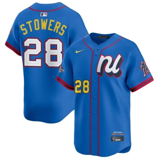 Men's National League #28 Kyle Stowers Blue 2025 All-Star Edition Limited Stitched Baseball Jersey