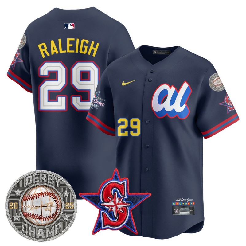 Men's American League #29 Cal Raleigh Navy HR DERBY Champion 2025 MLB All-Star Jersey V1