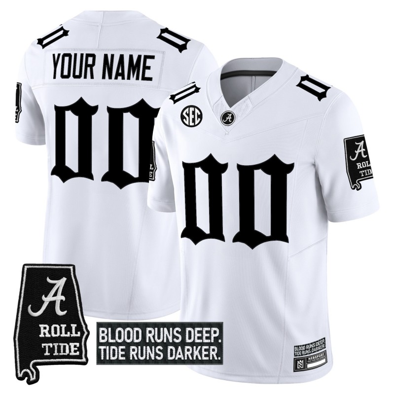 Alabama Crimson Tide Custom 'Gothic Bama Blood Edition' 2025 Vapor Limited Stitched Football Jersey White AL State map Patch