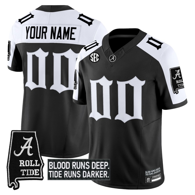Alabama Crimson Tide Custom 'Gothic Bama Blood Edition' 2025 Vapor Limited Stitched Football Jersey Black White AL State map Patch