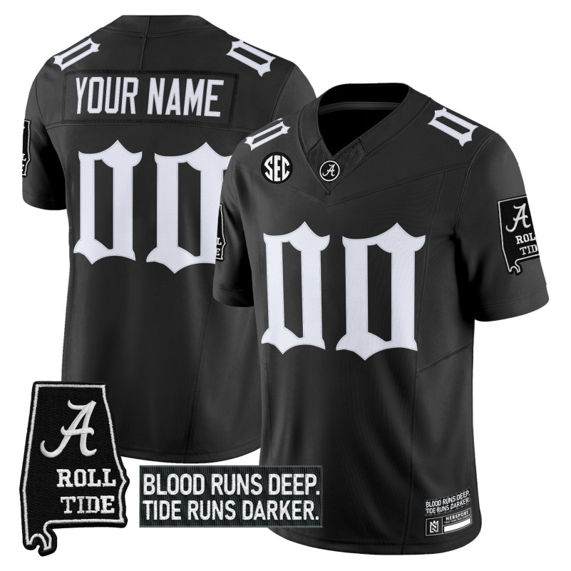 Alabama Crimson Tide Custom 'Gothic Bama Blood Edition' 2025 Vapor Limited Stitched Football Jersey Black AL State map Patch