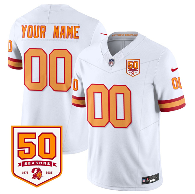 Men's TB Buccaneers Custom White 2025 F.U.S.E. 50th Anniversary Patch Vapor Limited Stitched Jersey
