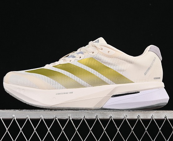 White Adizero Boston 13 Lightstrike Pro cushioning Shoes JS4947 - Chalk White / Gold Metallic / Halo Silver