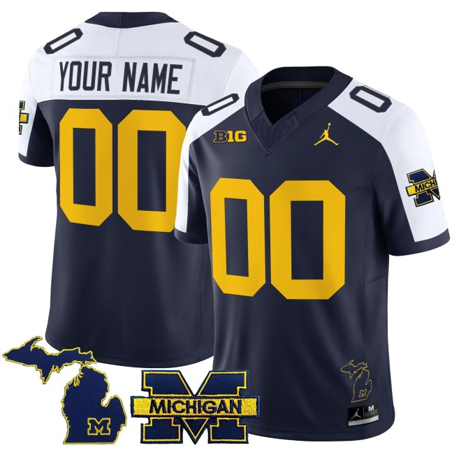 Michigan Wolverines Custom Navy White 2025 FUSE Nike Vapor Limited Stitched Football Jersey - With Team & MI State map Patch