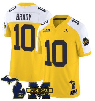 Men's Michigan Wolverines #10 Tom Brady Maize White 2025 FUSE Limited Stitched Football Jersey - With Team & MI State Map Patch