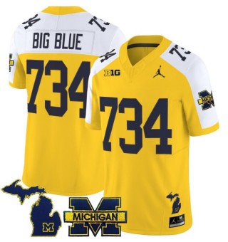 Men's Michigan Wolverines 734 Big Blue Maize White 2025 FUSE Limited Stitched Football Jersey - With Team & MI State Map Patch
