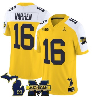 Men's Michigan Wolverines #16 Davis Warren Maize White 2025 FUSE Limited Stitched Football Jersey - With Team & MI State Map Patch