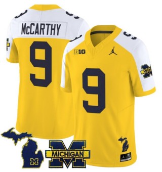 Men's Michigan Wolverines #9 J.J. McCarthy Maize White 2025 FUSE Limited Stitched Football Jersey - With Team & MI State Map Patch