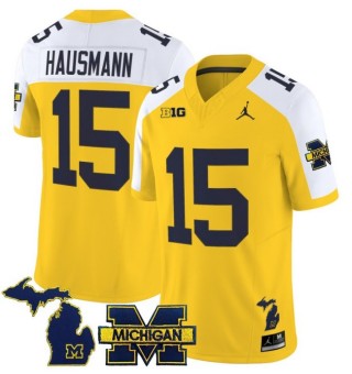 Men's Michigan Wolverines #15 Ernest Hausmann Maize White 2025 FUSE Limited Stitched Football Jersey - With Team & MI State Map Patch