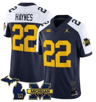 Men's Michigan Wolverines #22 Justice Haynes Navy White 2025 FUSE Limited Stitched Football Jersey - With Team & MI State Map Patch