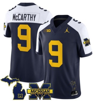 Men's Michigan Wolverines #9 J.J. McCarthy Navy White 2025 FUSE Limited Stitched Football Jersey - With Team & MI State Map Patch