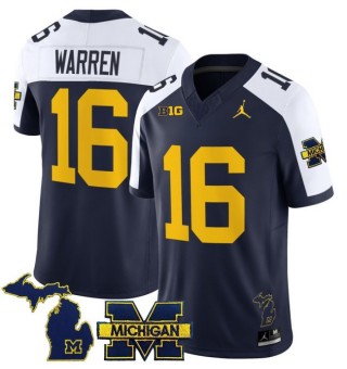 Men's Michigan Wolverines #16 Davis Warren Navy White 2025 FUSE Limited Stitched Football Jersey - With Team & MI State Map Patch