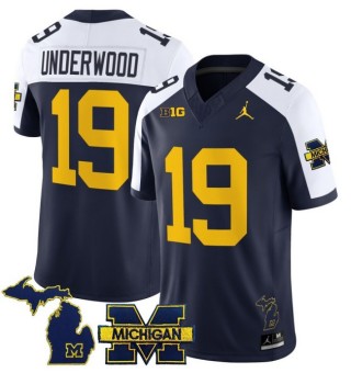 Men's Michigan Wolverines #19 Bryce Underwood Navy White 2025 FUSE Limited Stitched Football Jersey - With Team & MI State Map Patch