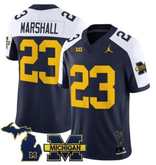Men's Michigan Wolverines #23 Jordan Marshall Navy White 2025 FUSE Limited Stitched Football Jersey - With Team & MI State Map Patch