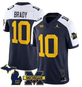 Men's Michigan Wolverines #10 Tom Brady Navy White 2025 FUSE Limited Stitched Football Jersey - With Team & MI State Map Patch