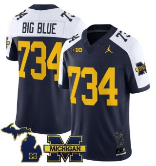 Men's Michigan Wolverines 734 Big Blue Navy White 2025 FUSE Limited Stitched Football Jersey - With Team & MI State Map Patch