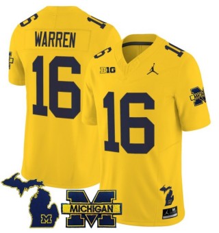 Men's Michigan Wolverines #16 Davis Warren Maize 2025 FUSE Limited Stitched Football Jersey - With Team & MI State Map Patch