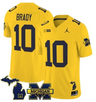 Men's Michigan Wolverines #10 Tom Brady Maize 2025 FUSE Limited Stitched Football Jersey - With Team & MI State Map Patch