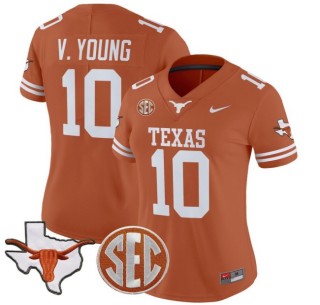 Women's Texas Longhorns #10 Vince Young Orange Nike 2025 Vapor Limited Stitched Football Jersey - With TX State Map & SEC Patch