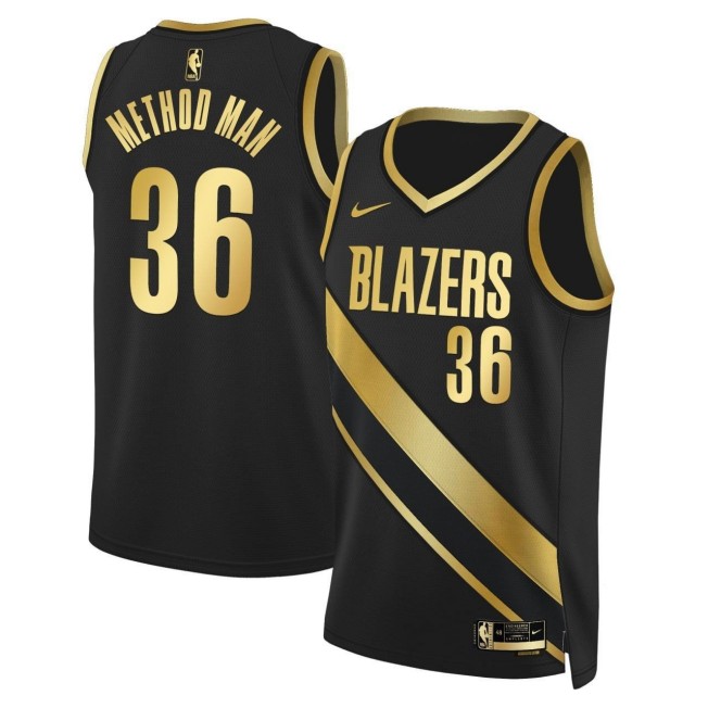 Men's Portland Trail Blazers #36 Method Man Black Gold Stitched Basketball Jersey