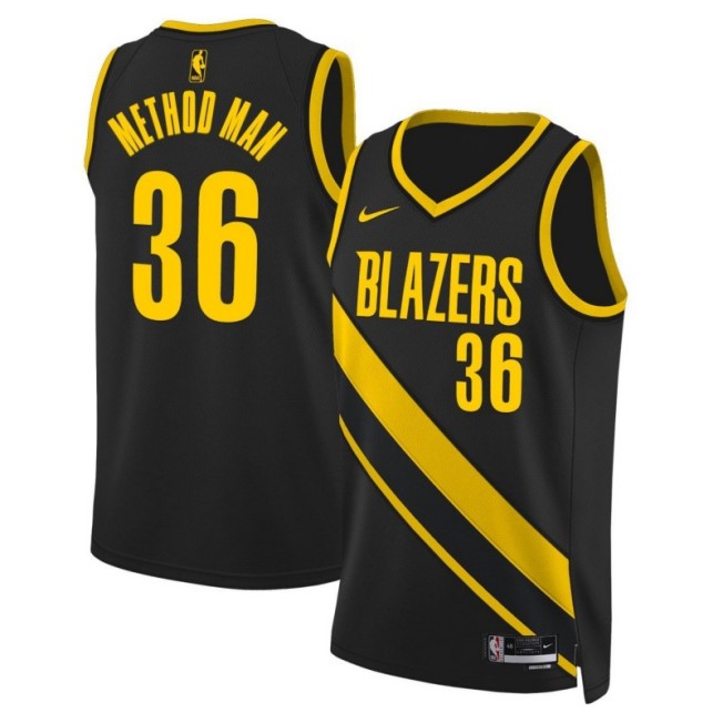 Men's Portland Trail Blazers #36 Method Man Black Yellow Stitched Basketball Jersey