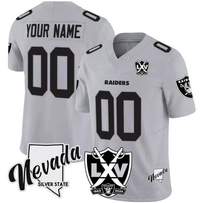 Raiders Custom Silver Grey 2025 Vapor Limited Stitched Jersey - 65th Anniversary & NV State Map Patch