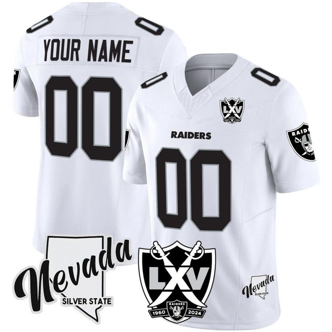 Raiders Custom White 2025 Vapor Limited Stitched Jersey - 65th Anniversary & NV State Map Patch