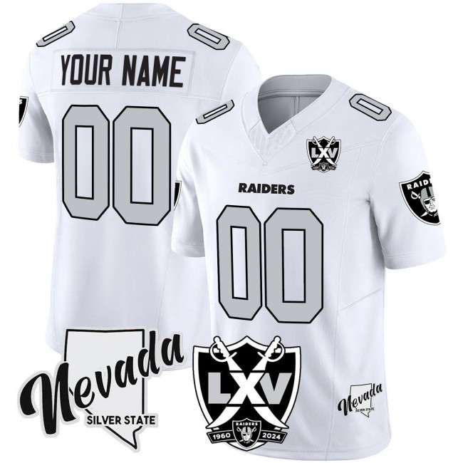 Raiders Custom White Silver 2025 Vapor Limited Stitched Jersey - 65th Anniversary & NV State Map Patch